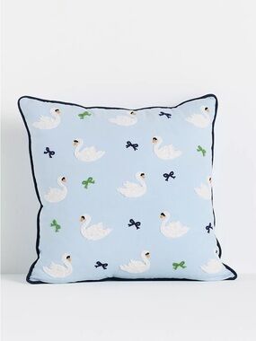 NWT Anthropologie Icon Cotton Embroidered Swan Pillow 18x18